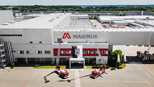 Aerial view of the Magirus site with SSV banner: SSV Ulm 1846 Fussball and Magirus launch their partnership until 2029